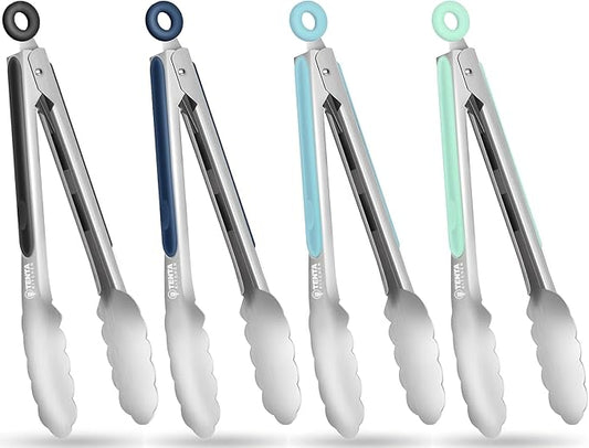 Tongs for Cooking, 9-Inch Stainless Steel Kitchen Tongs, Locking Metal Food Tongs with Silicone Non-Slip Grip, Kitchen Utensils Tongs for Food, Salad and Outdoor BBQ (Set of 4)