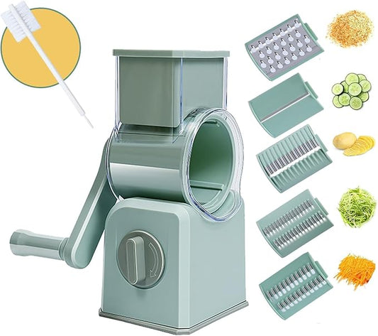 5-in-1 Rotary Cheese Grater with Handle,Multifunctional Manual Vegetable Shredder with Interchangeable Blades,Strong Suction Base，Effortless Shredding for Cheese,Nuts,Fruits,Veggies (green)