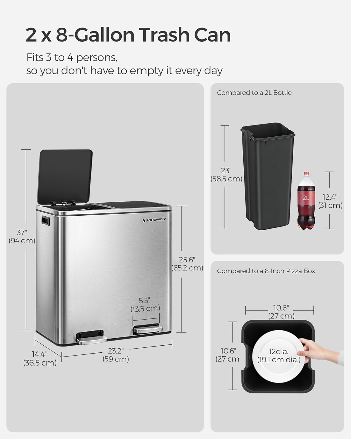 Trash Can, 2 x 8 Gallon (2 x 30 L), Silver and Black – features