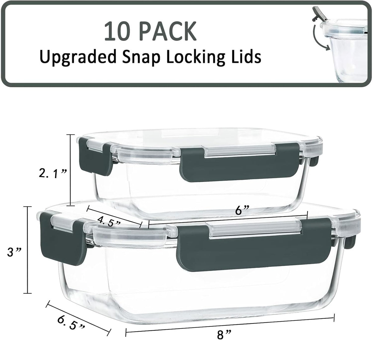 10 Pack Glass Food Storage Containers with Lids, Gray – detail