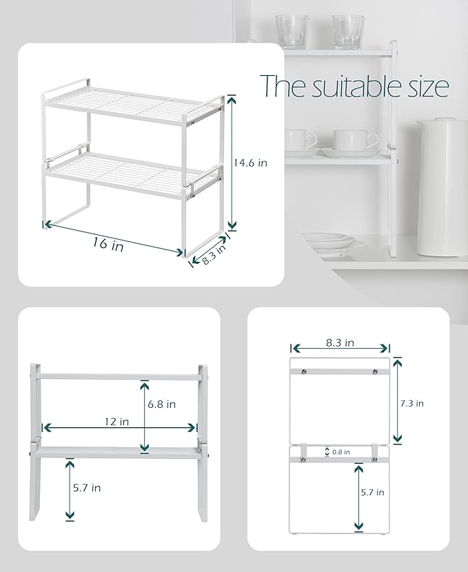 Kitchen Storage Stackable Steel Cabinet Shelf Organizer 2-Pack White