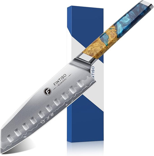 FINTISO Santoku Knife 7 inch Kitchen Knife S35VN Powder Steel Core for Meats Vegetables, 7-Layers Clad Steel Japanese Chef Knife Super Sharp Chopping Knife with Celestial Resin & Wood Handle Best Gift