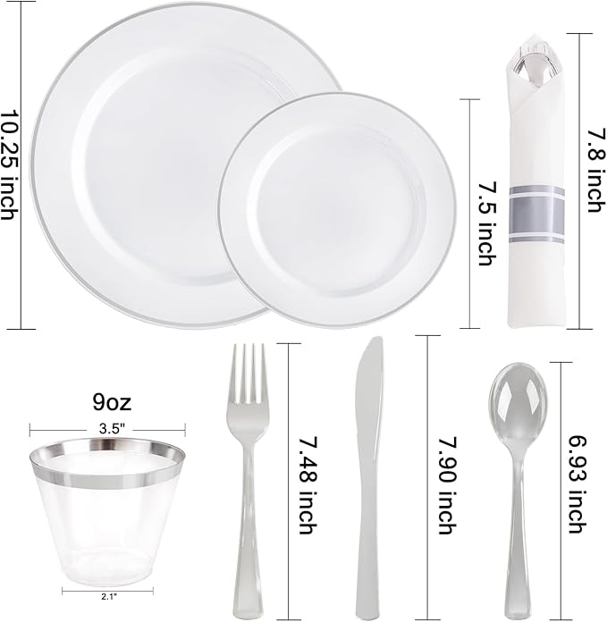 Plastic Plates Set, 175 Pieces, Silver Rim, Serves 25 Guests