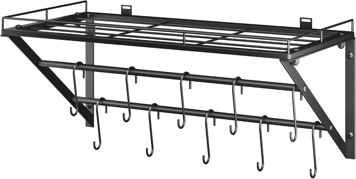 23" Pot Rack Wall Mounted, Pot Organizer with 2 Tier Hanging Rails – another angle