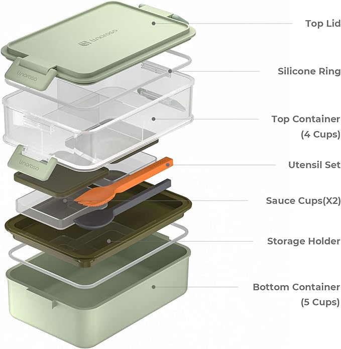 linoroso Stackable Bento Box Adult Lunch Box | Meet All You On-the-Go Needs for Food, Salad, and Snack Box, Premium Bento Lunch Box for Adults Include Utensil Set, Dressing Containers - Pale Mint
