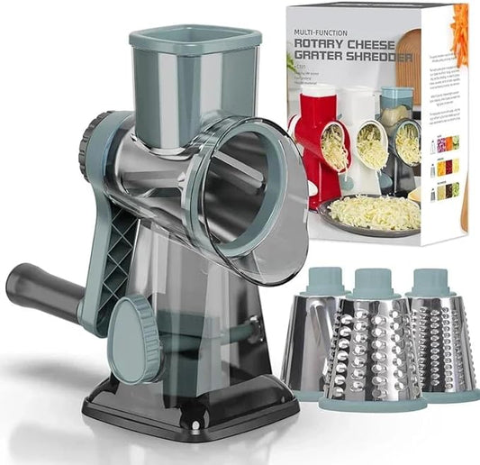 XUANYILA Rotary Cheese Cheese Grater Hand Crank Vegetable Cheese Grater for Kitchen 3 Changeable Blades for Cheese Potato Zucchini Nuts Chocolate - GreyBlue