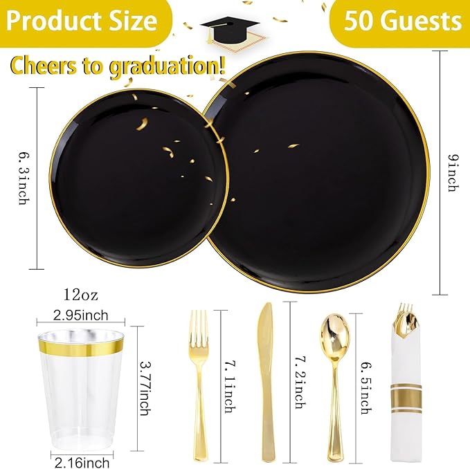 Plates: 9-Inch and 6.3-Inch Black Disposable Plastic Plates with Gold Rim