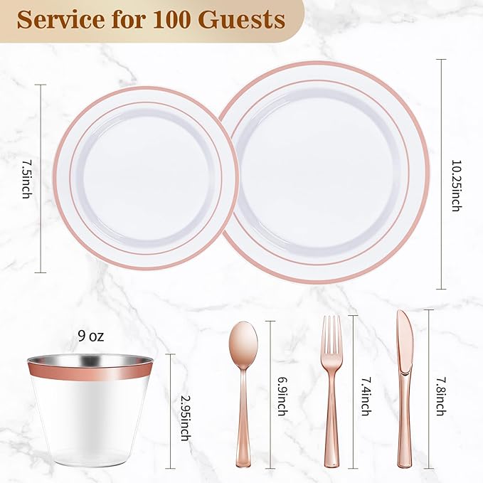 Plates Set for 100 Guests in Rose Gold, 600 Disposable Plastic Pieces