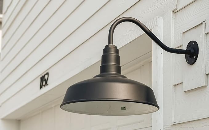 Steel Lighting Co. Gardena Barn Light | Outdoor Wall Mounted | 16" Dome | 11" Gooseneck | Farmhouse Light Made in America | Black Exterior/White Interior