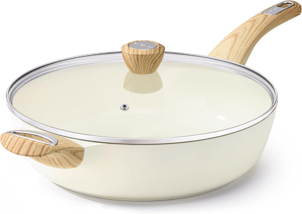 Ceramic Nonstick Frying Pan Skillet with Lid, 12 Inch Large Deep Frying Pan, 5