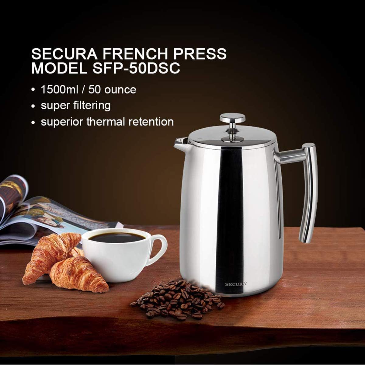 French Press Coffee Maker, 50-Ounce, 304 Stainless Steel Insulated Coffee Press – features