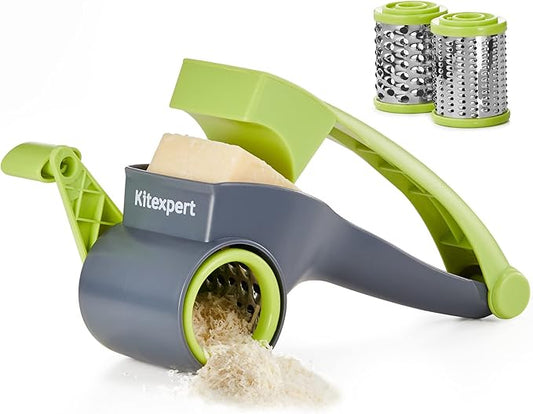 KITEXPERT Cheese Grater with Handle, Parmesan Cheese Grater with 2 Stainless Steel Drums, Rotary Cheese Graters Handheld for Grating and Shredding Hard Cheese, Chocolate