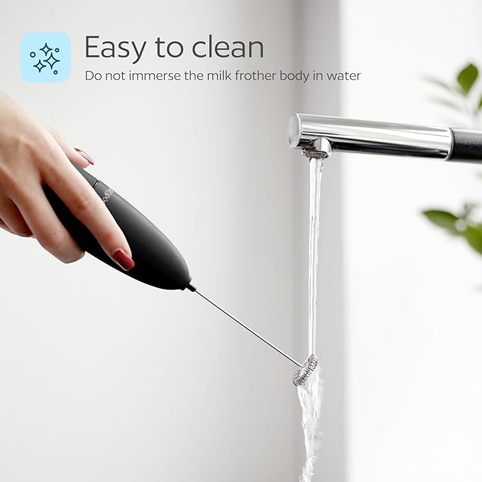Milk Frother Handheld – Electric Foam Maker Wand with Stainless Steel Whisk – Battery Powered Mini Mixer for Coffee, Matcha, Lattes & Cappuccinos, Black