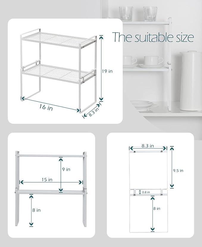 Cabinet Shelf Organizer, Stackable Steel, Rust-Resistant, 2-Pack White