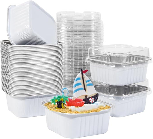 50 Pcs Mini Square Baking Cups with Lids,5oz Aluminum Foil Mini Cake Pans with Lids,Disposable Ramekins Cake Pans,150ml Dessert Cups Cupcake Pans for Wedding Birthday Party,White