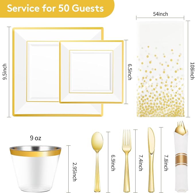 Plastic Party Plates Set, 352 Pieces, Gold Rim, Serves 50