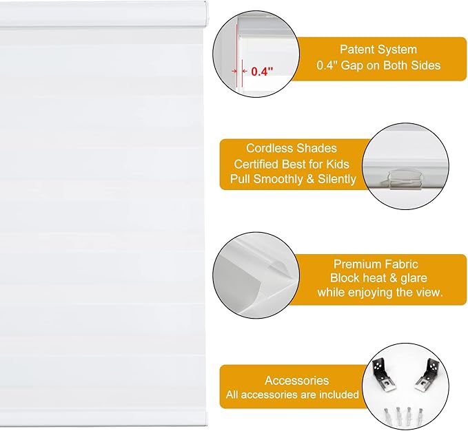 Persilux Cordless Zebra Blinds for Windows Shades (30.5"W x 72"H, White) Dual Layer Fabric for Day and Night Thermal Roller Shades, Free-Stop Room Darkening Sheer Shades for Home, Office and Bedroom