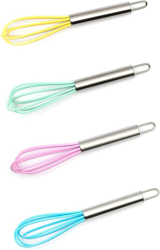 Mini Whisks 6 inch 4Pcs silica gel stainless steel Whisk, Hand Egg Mixer for Flour Cake Egg, Kitchen Cooking Baking Use Whisk （purple，yellow，cyan，blue）