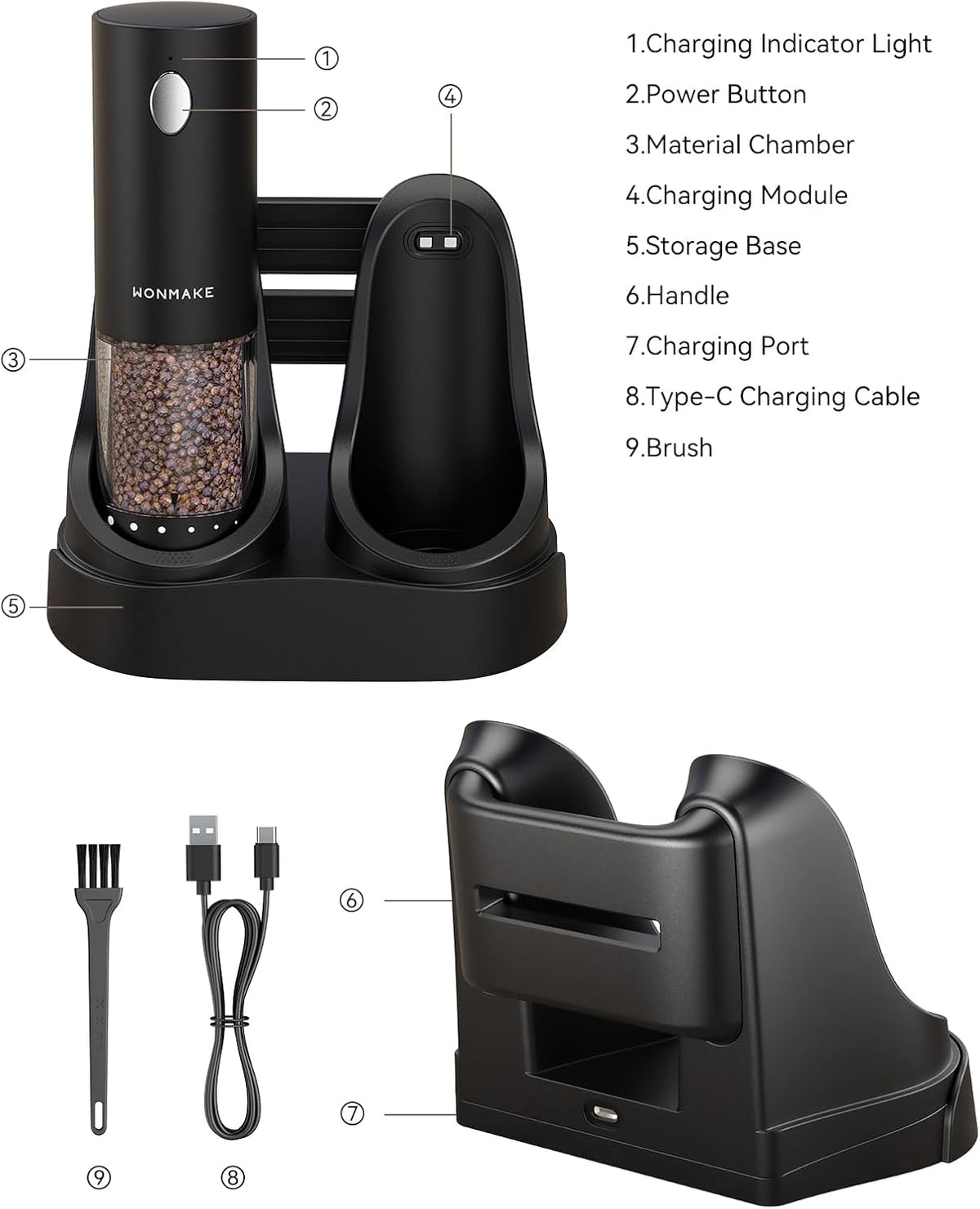 Electric Salt and Pepper Grinder Set with Charging Base, Black/Set – another angle