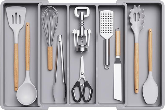 Lifewit Plastic Utensil Organizer for Kitchen Drawers, Expandable 13 to 22.4 Inches Wide, Adjustable Cutlery Silverware Flatware Holder, Kitchen Spatula Tools and Gadgets Storage Divider, Large, Gray