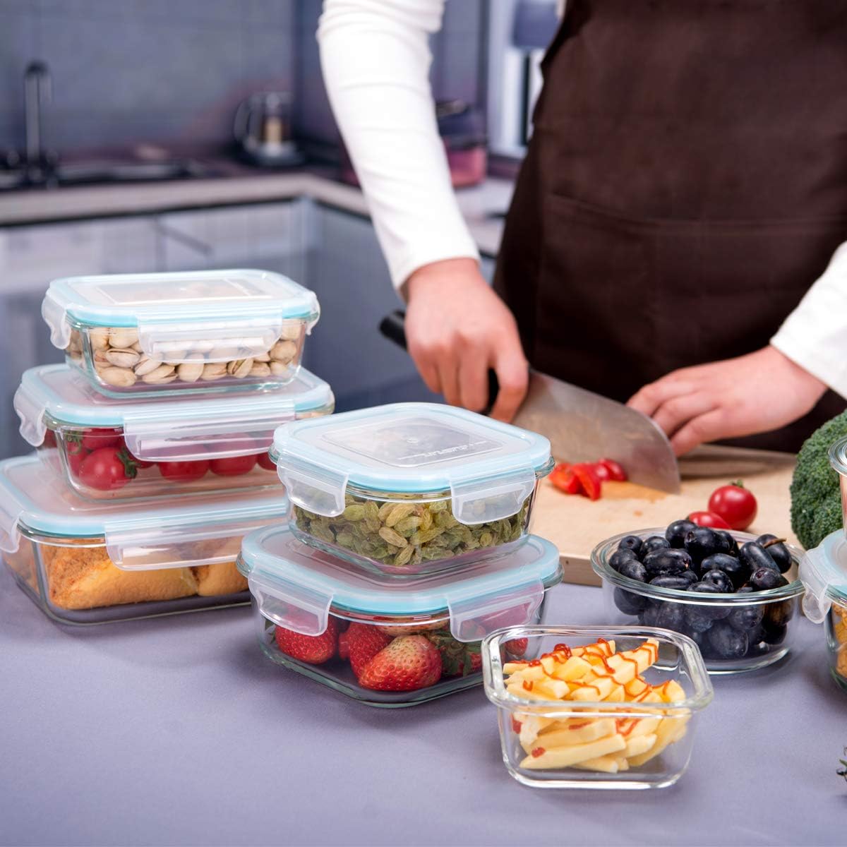 Glass Food Storage Containers with Lids 9 Pack, 3 Shape Airtight Set – set view