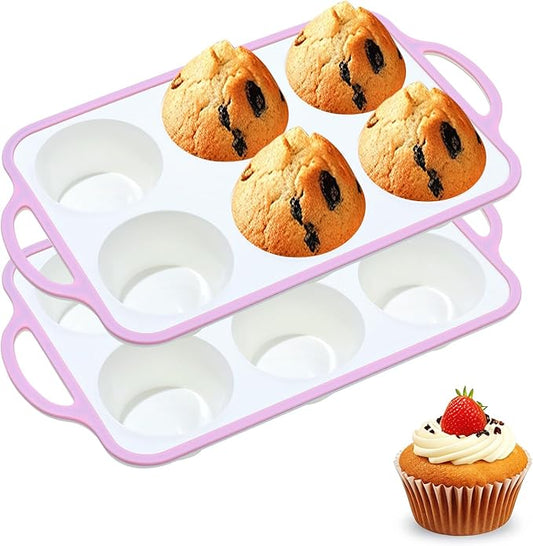 Silicone Jumbo Muffin Pan with Metal Frame, Non Stick Food Grade Silicone Large Muffin Pan, with Handles 6 Cup,BPA-Free and Dishwasher Safe, Jumbo Cupcake Pans - 2 Piece Pink