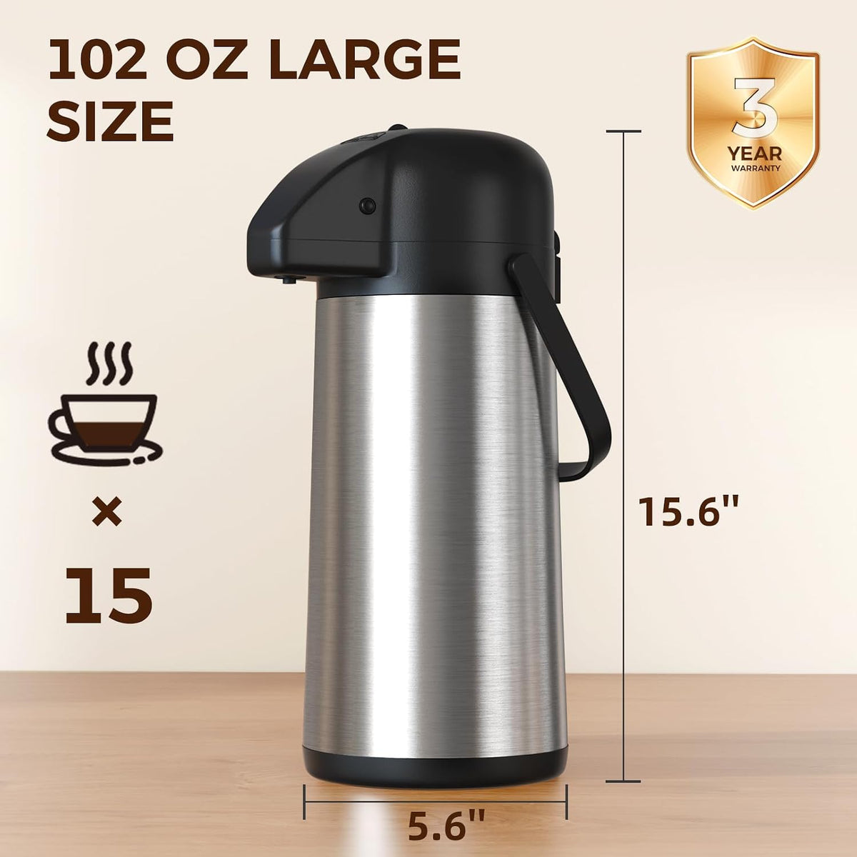 Coffee Carafe for Keeping Hot, 102OZ / 3L Airpot Coffee Dispenser with Pump – another angle