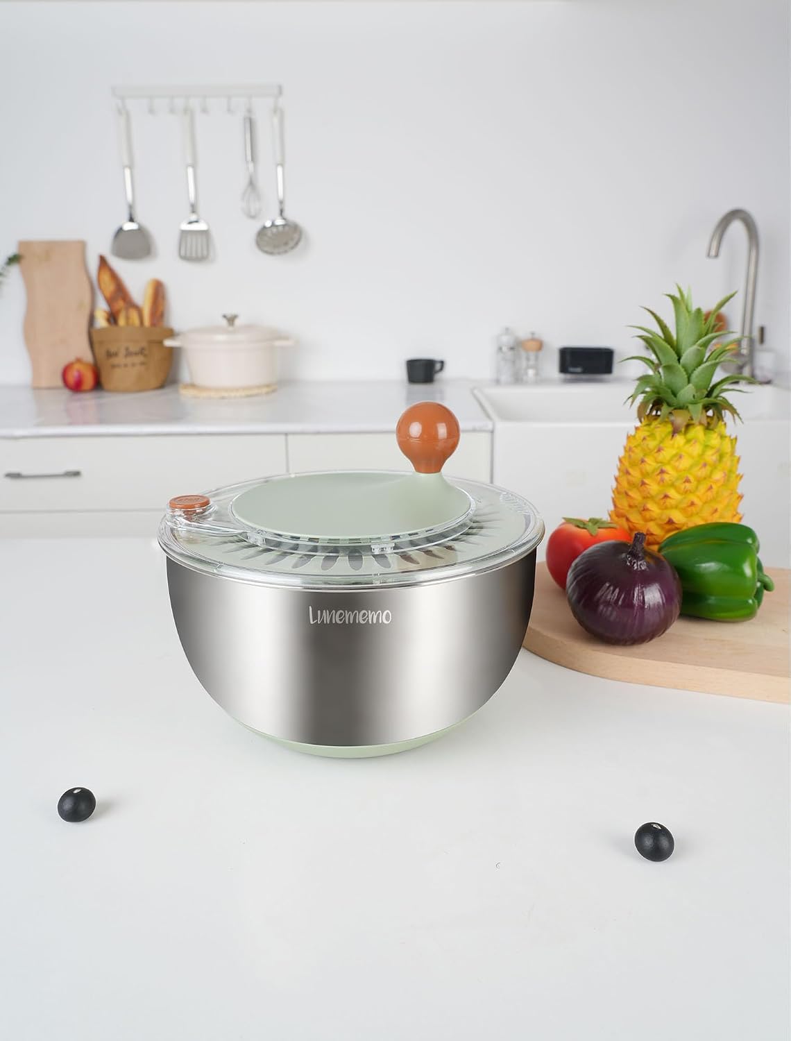 Stainless Steel Salad Spinner, BPA Free, Quick Dry & Stop, 5.3 Qt – set view