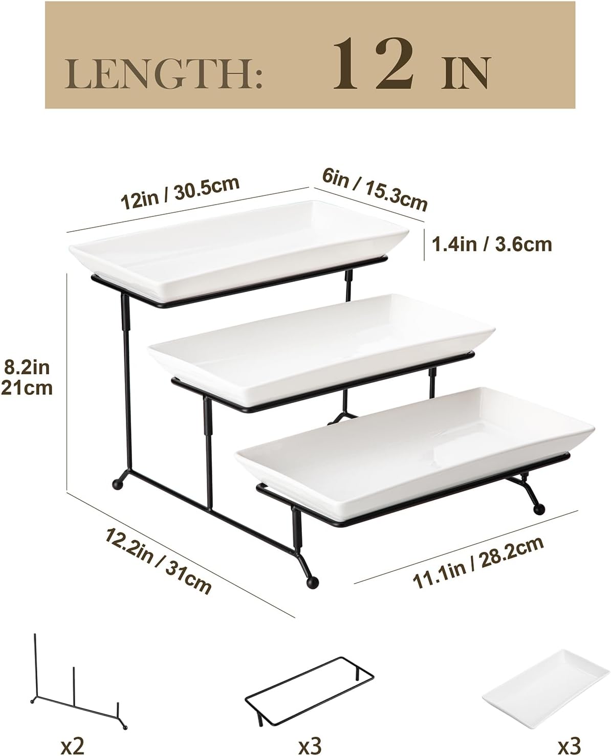 3 Tier Serving Trays, White Porcelain Serving Platters, 12 Inch – detail