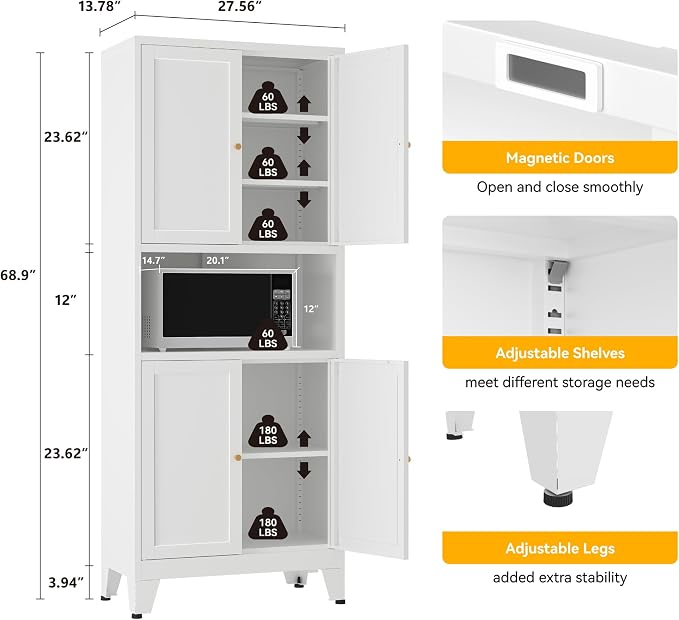 Metal Pantry Storage Cabinet, 69-Inch, 4 Doors, White