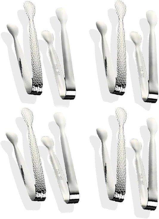 8Pcs 4.3" Stainless Steel Mini Ice Tongs – Ideal for coffee bars, tea parties, dessert events & kitchen use (sugar/ice buckets, appetizers). Available in shiny/textured surface styles for versatile
