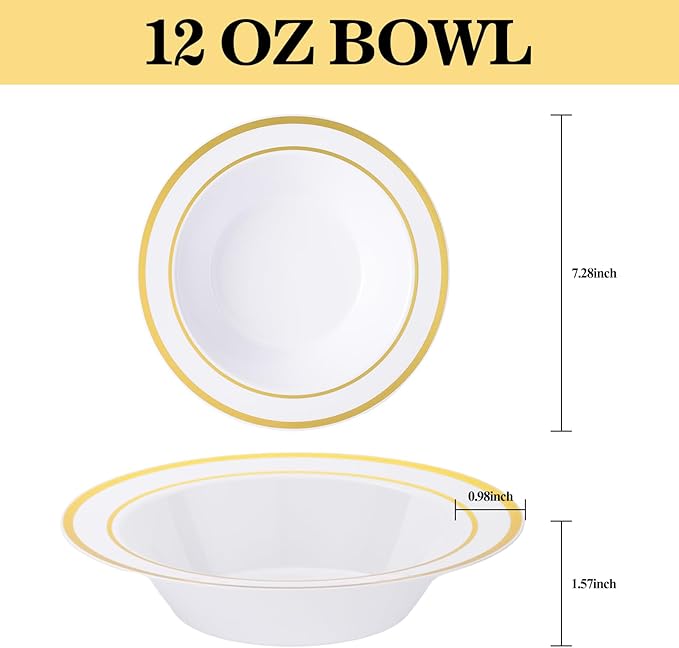 Disposable Bowls 12 oz White Plastic with Gold Rim, 50 Count