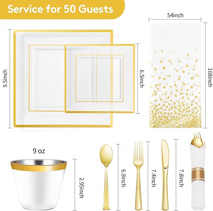 Plates Set, 352-Piece Clear Square Plastic with Gold Rim for 50 Guests