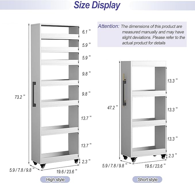 7-Tier Slim Storage Cart, Wooden Rolling Pantry Cabinet with Wheels, Narrow Shelf Organizer for Kitchen, Bakers Rack, Dining Room, Closet, Small Spaces Light Walnut 73.2‘’H*5.9''W*19.6''D