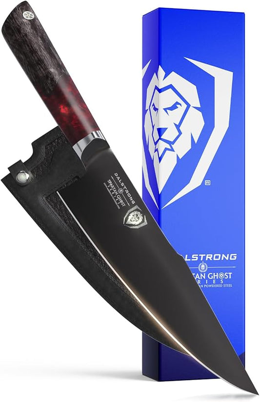 Dalstrong Chef Knife - 8 inch - Spartan Ghost Series - American Forged S35VN Powdered Steel Kitchen Knife - Maple & Red Resin Handle - Razor Sharp Cooking Knife