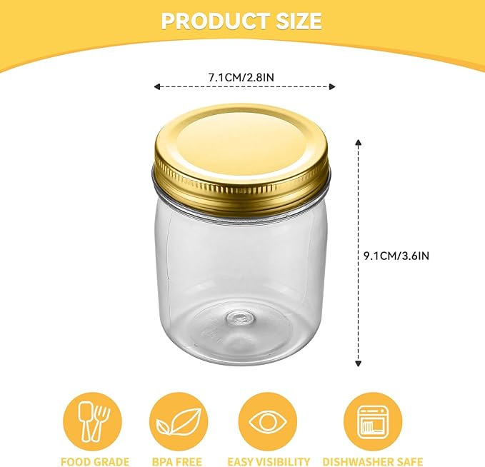 Food Storage Jars 16 Pack, 8 oz Clear PET Plastic with Gold Lids