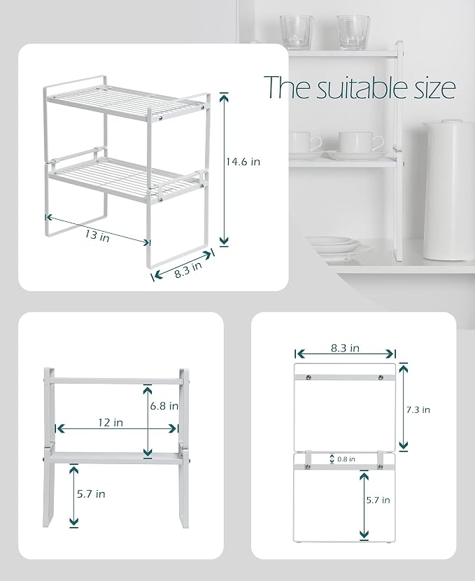 Kitchen Cabinet Shelf Organizer 2 Pack, Stackable Steel Rack, White