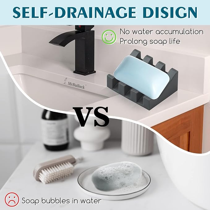 Soap Dish, Gray Silicone Self-Draining Bar Soap Holder, 2 Pack