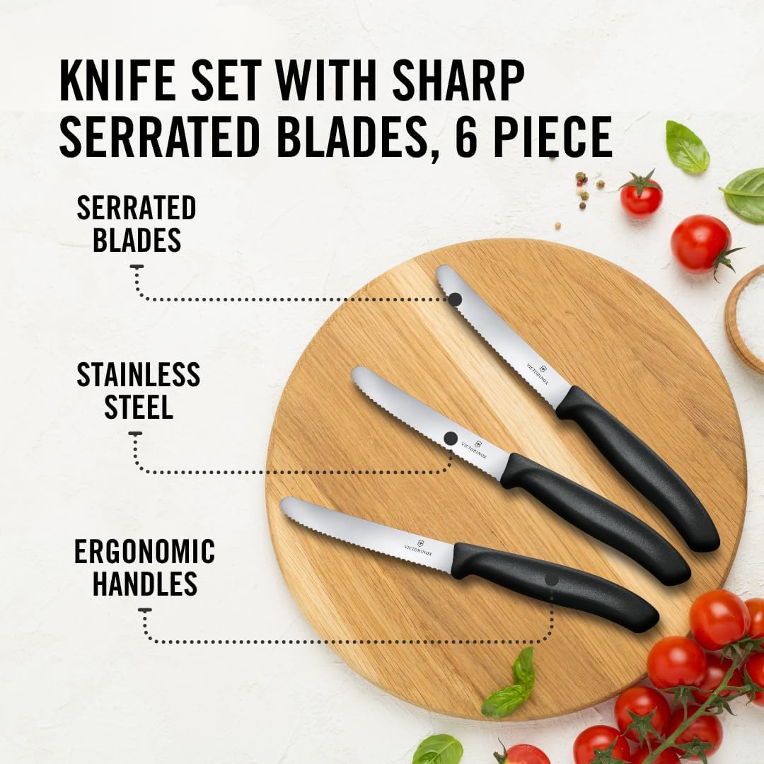 Swiss Classic Tomato and Table Knife Set Serrated Blade, Black – close-up