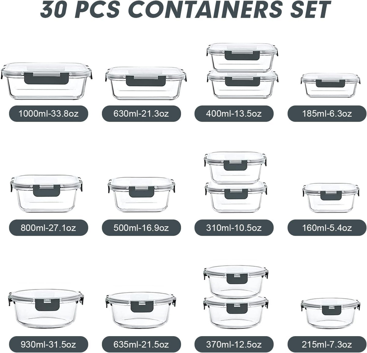 30 Pieces Glass Food Storage Containers Set with Lids, Grey – detail