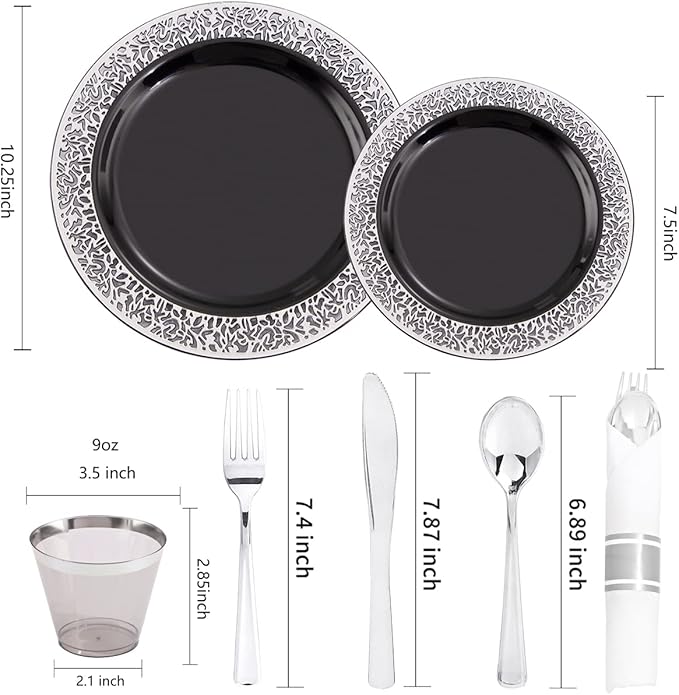 Disposable Plates Set, Black Lace Design with Silver Cutlery, 210 Pieces