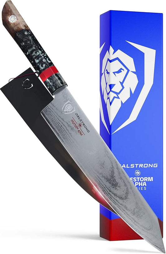 Dalstrong Chef Knife - 9.5 inch - Firestorm Alpha Series - Premium 10Cr15CoMoV High-Carbon Steel - Traditional Japanese Wa Stabilized Wood & Resin Handle - Kitchen Knife - Chef's Knife - w/Sheath