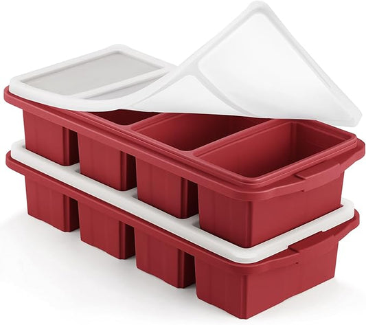 Silicone Freezer Tray With Lid - Silicone Freezer Food Molds- Large Ice Cube Tray,Silicone Freezer Container,Freeze & Store Soup, Sauce, Broth,Leftovers - Makes 4 Perfect 1 Cup