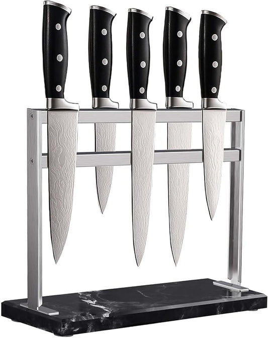 Magnetic Knife Block Stand - Marble Base Magnetic Knife Holder for Counter Top - Double Sided Knife Block without Knives - Stainless Steel Magnetic Kitchen knife holder - Black