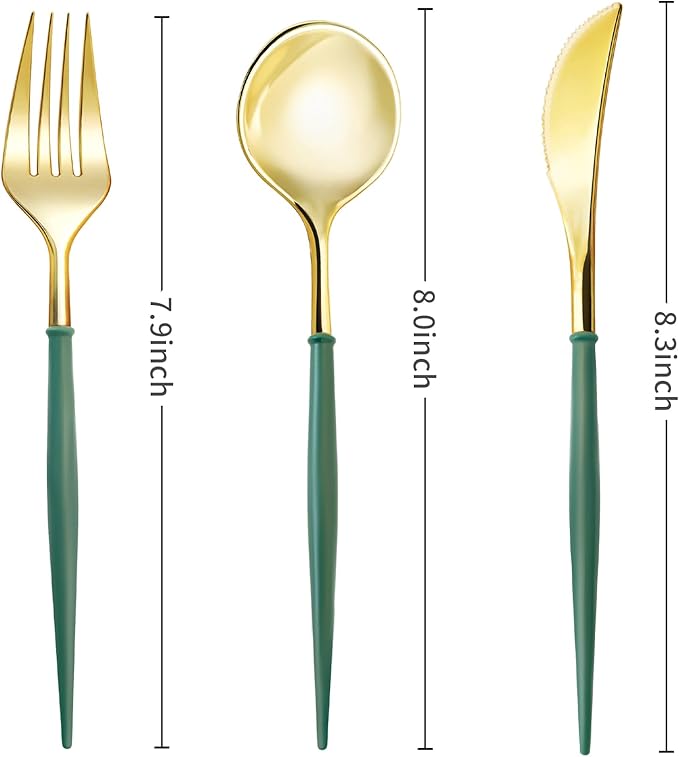 Plastic Spoons, Forks and Knives Set, 90 Pieces, Gold with Green Handles