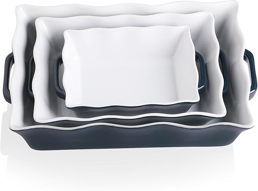 Sweejar Casserole Dishes for Oven, Ceramic Bakeware Set of 3, Rectangular Baking dish with Handles, Wave Edge Lasagna Pan Deep for Cooking, Cake, Dinner, Banquet and Daily Use (Navy)