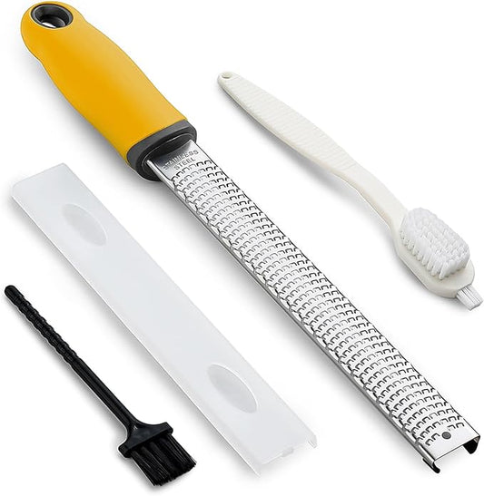 Koythin Zester, Lemon Zester & Cheese Grater with Brush, Heavy Duty Kitchen Tool for Zesting Citrus, Parmesan Cheese, Chocolate, Ginger, Fruits, Stainless Steel with Handle and Cover (Yellow)
