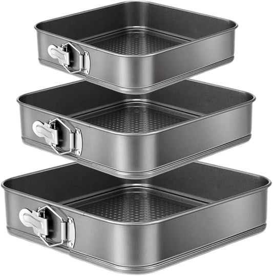 Springform Cake Pan Set of 3 (9.5, 10, 11 Inch) Square Baking Pans Nonstick Cheesecake Pans with Removable Bottom Bakeware for Cake, Cheesecakes, Pizza, and Quiches
