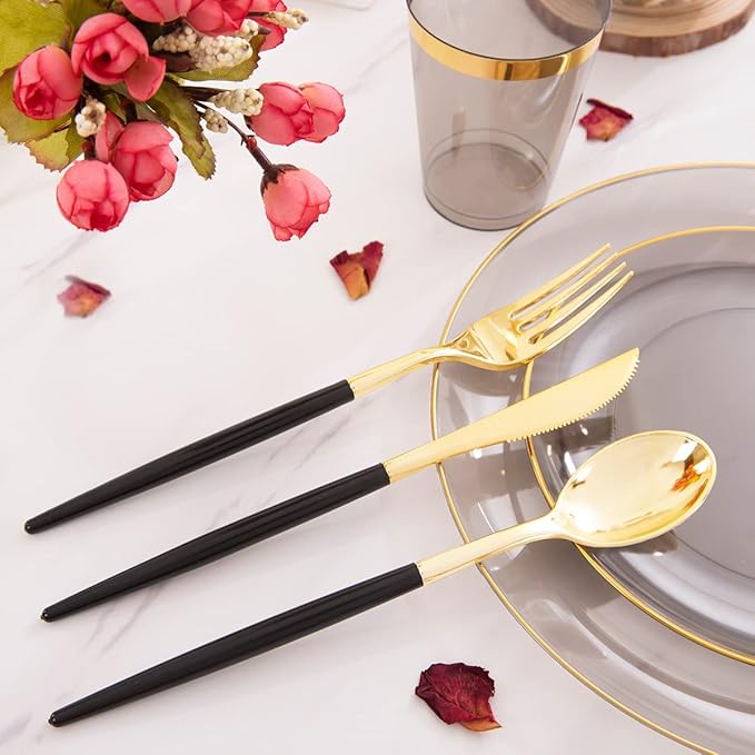 Disposable Black Plates with Gold Rim, 180-Piece Party Set