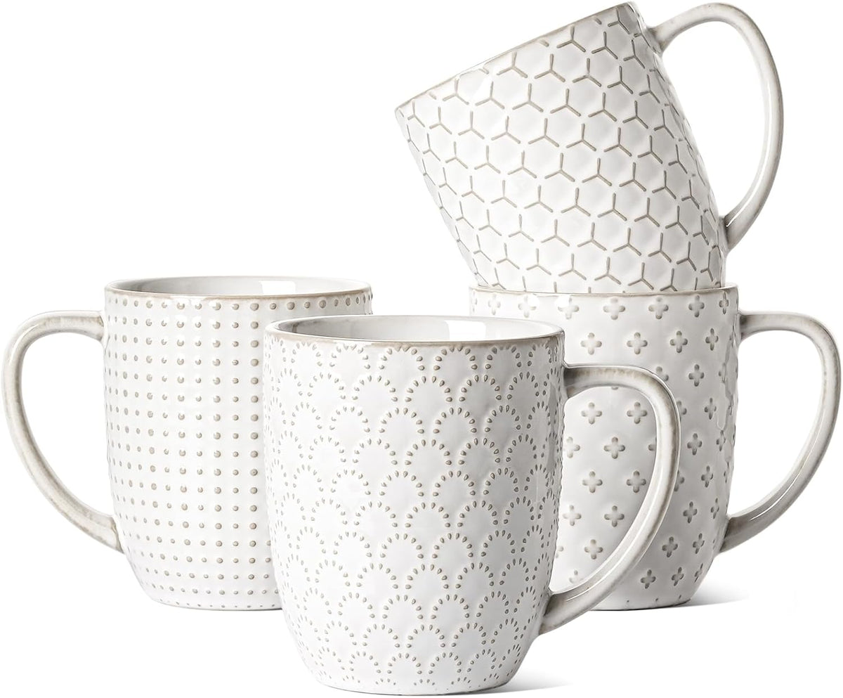 Ceramic Coffee Mugs Set of 4, 16 oz, Embossed, Arctic White